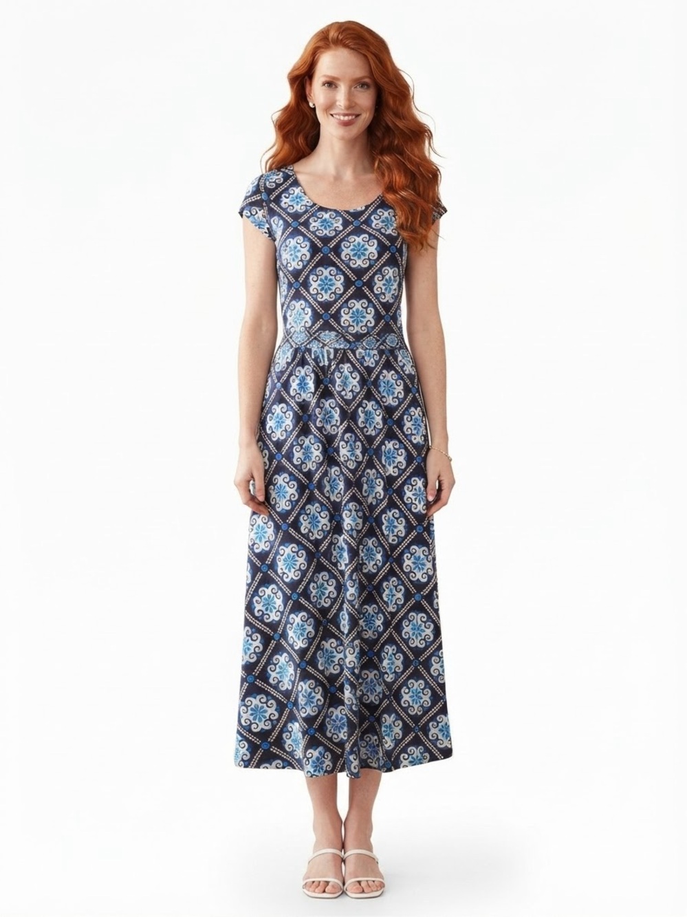 Boden Melanie Jersey Midi Dress Blue White Geometric Tile Print Cap Sleeve US 10